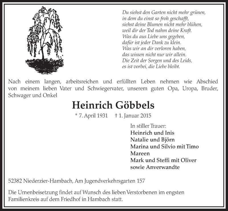  Traueranzeige für Heinrich Göbbels vom 10.01.2015 aus  Sonntags-Post 