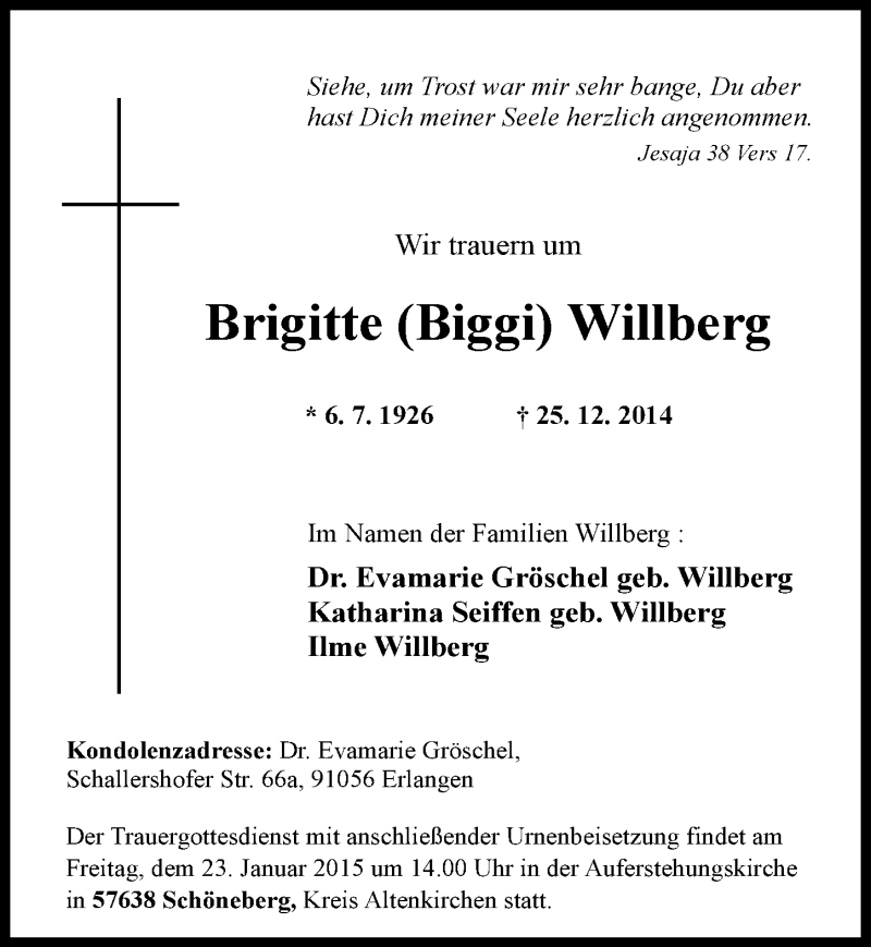  Traueranzeige für Brigitte Willberg vom 14.01.2015 aus  Lokalanzeiger 