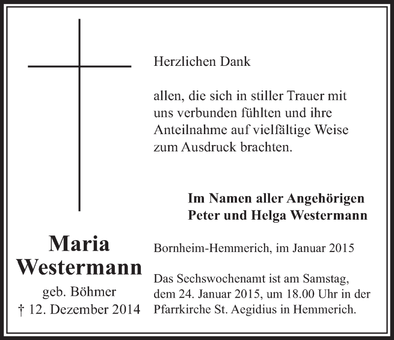  Traueranzeige für Maria Westermann vom 14.01.2015 aus  Schlossbote/Werbekurier 