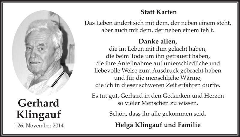  Traueranzeige für Gerhard Klingauf vom 10.01.2015 aus  Bergisches Sonntagsblatt 
