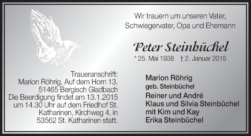  Traueranzeige für Peter Steinbüchel vom 10.01.2015 aus  Bergisches Sonntagsblatt 