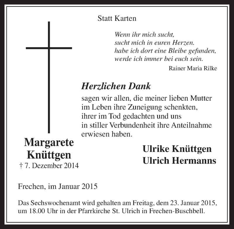  Traueranzeige für Margarete Knüttgen vom 14.01.2015 aus  Wochenende 