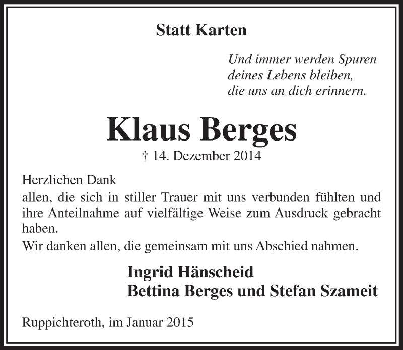  Traueranzeige für Klaus Berges vom 14.01.2015 aus  Anzeigen Echo 