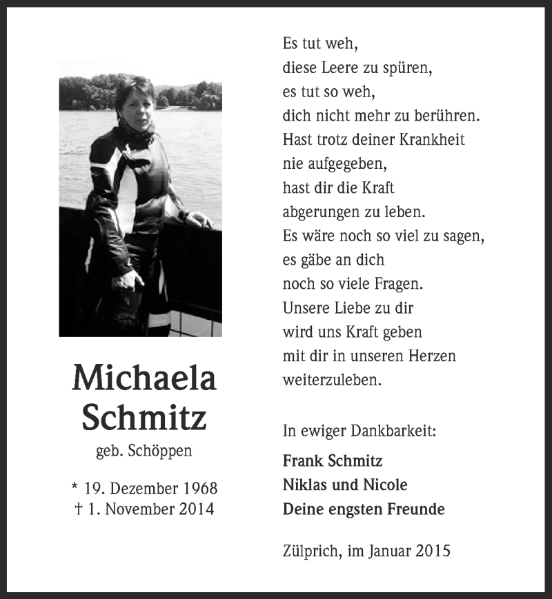  Traueranzeige für Michaela Schmitz vom 11.01.2015 aus  Blickpunkt Euskirchen 