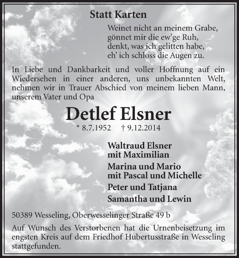  Traueranzeige für Detlef Elsner vom 14.01.2015 aus  Schlossbote/Werbekurier 
