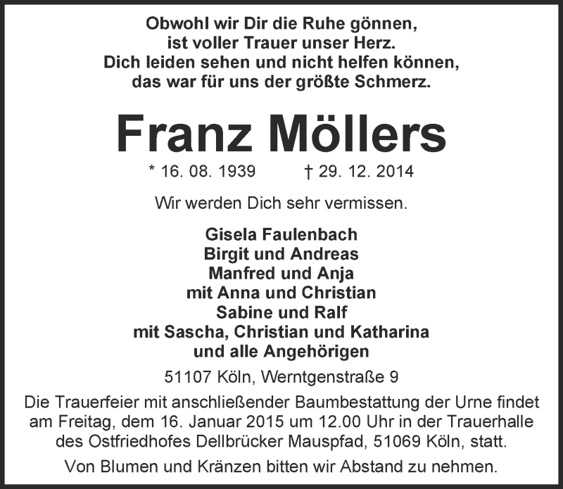  Traueranzeige für Franz Möllers vom 14.01.2015 aus  Wochenende  Werbepost 