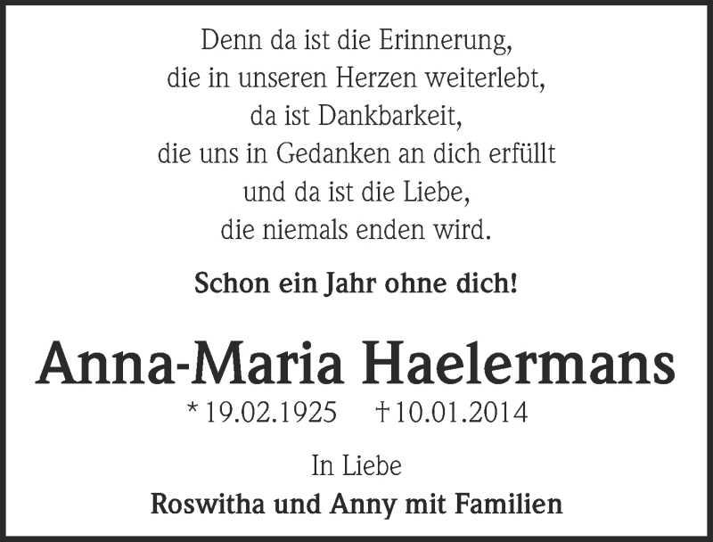  Traueranzeige für Anna-Maria Haelermans vom 14.01.2015 aus  Kölner Wochenspiegel 