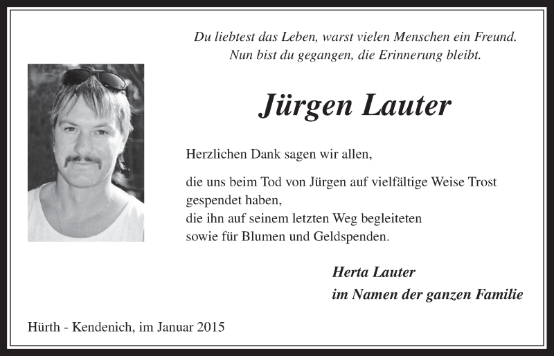  Traueranzeige für Jürgen Lauter vom 14.01.2015 aus  Wochenende 