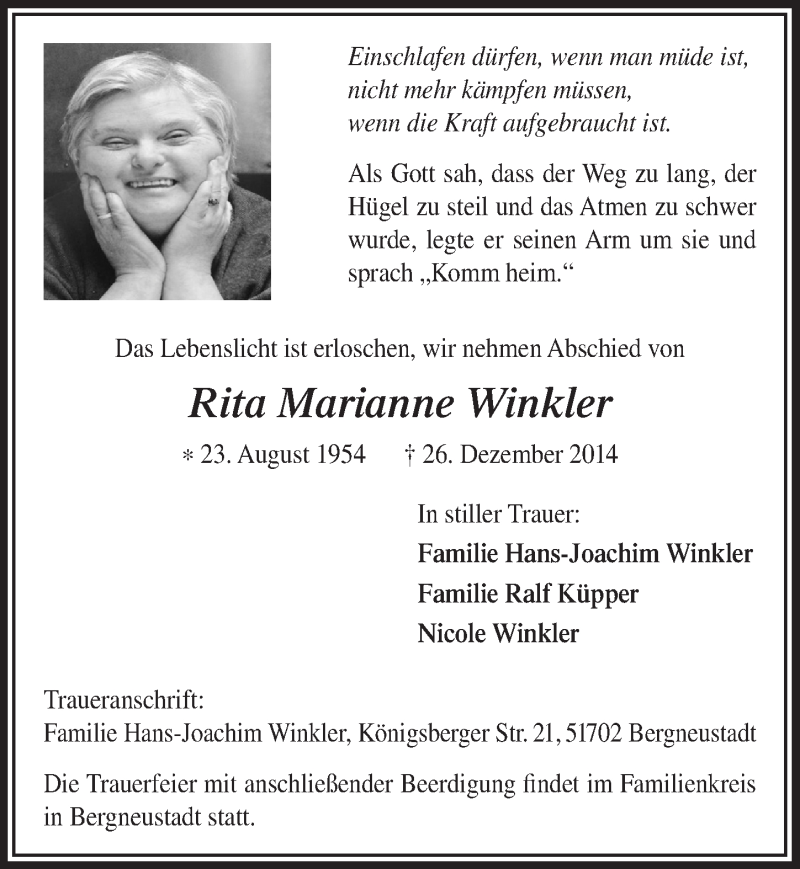  Traueranzeige für Rita Marianne Winkler vom 14.01.2015 aus  Anzeigen Echo 
