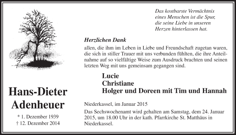  Traueranzeige für Hans-Dieter Adenheuer vom 14.01.2015 aus  Extra Blatt 