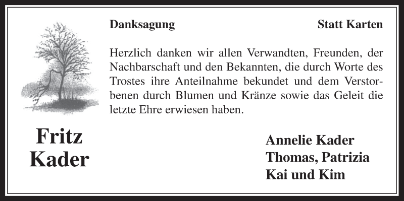  Traueranzeige für Fritz Kader vom 14.01.2015 aus  Wochenende 