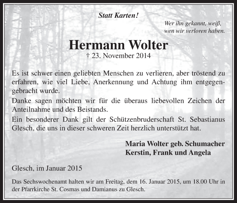  Traueranzeige für Hermann Wolter vom 14.01.2015 aus  Werbepost 