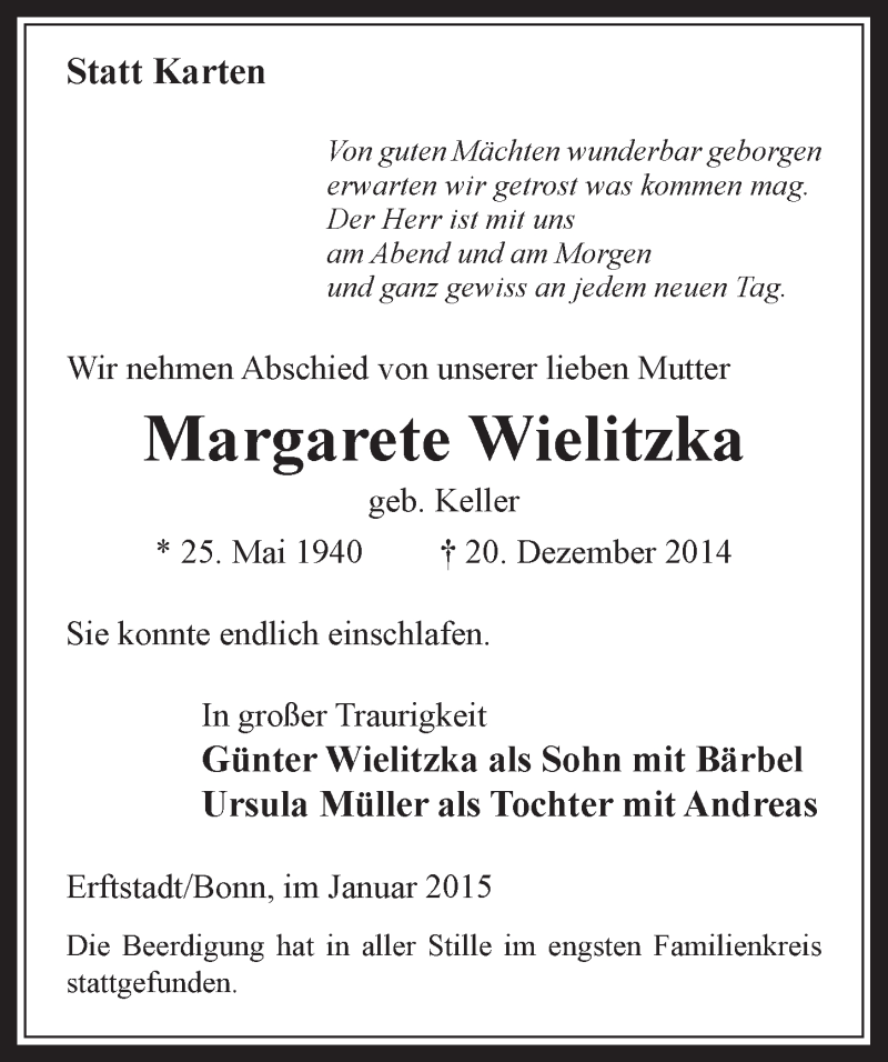  Traueranzeige für Margarete Wielitzka vom 14.01.2015 aus  Werbepost 
