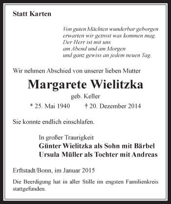Anzeige von Margarete Wielitzka von  Werbepost 