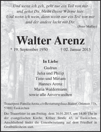 Anzeige von Walter Arenz von  Blickpunkt Euskirchen 