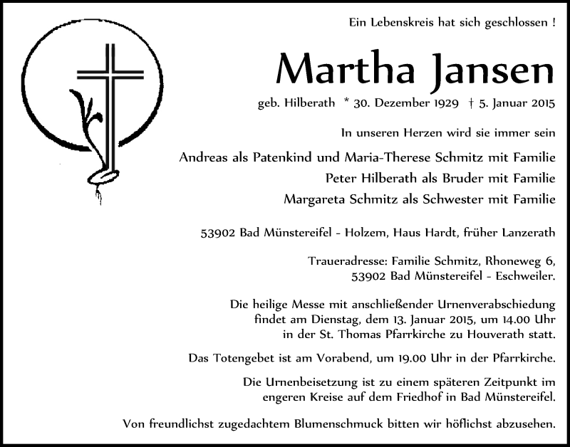  Traueranzeige für Martha Jansen vom 11.01.2015 aus  Blickpunkt Euskirchen 