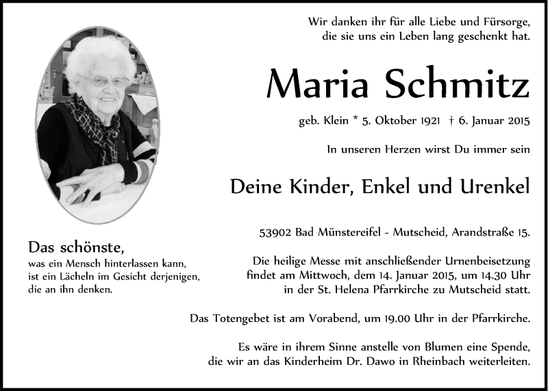  Traueranzeige für Maria Schmitz vom 11.01.2015 aus  Blickpunkt Euskirchen 