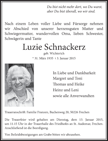 Anzeige von Luzie Schnackerz von  Sonntags-Post 
