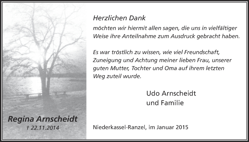  Traueranzeige für Regina Arnscheidt vom 14.01.2015 aus  Extra Blatt 