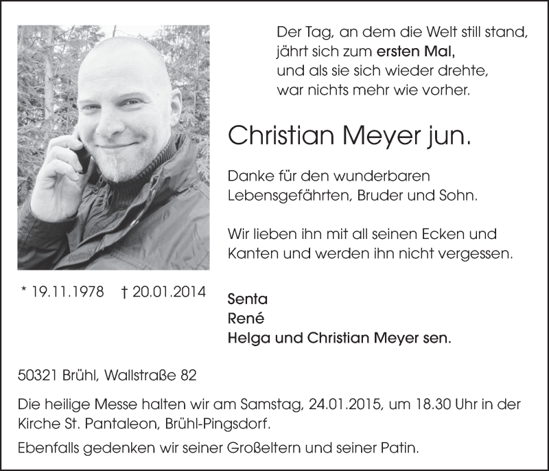  Traueranzeige für Christian Meyer vom 14.01.2015 aus  Schlossbote/Werbekurier 