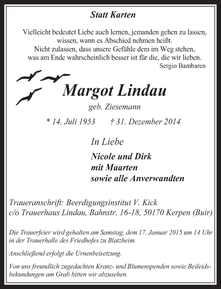  Traueranzeige für Margot Lindau vom 14.01.2015 aus  Werbepost 