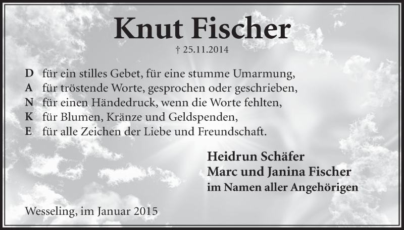  Traueranzeige für Knut Fischer vom 14.01.2015 aus  Schlossbote/Werbekurier 