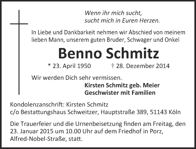  Traueranzeige für Benno Schmitz vom 14.01.2015 aus  Kölner Wochenspiegel 