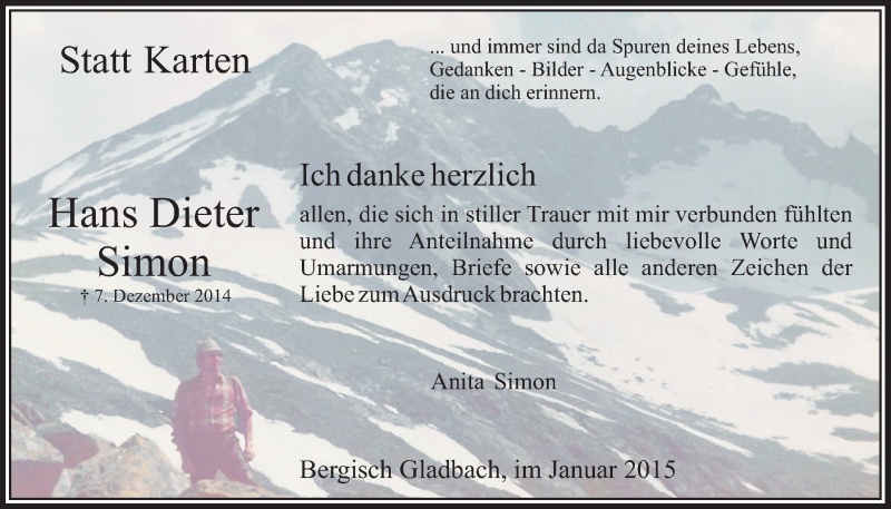  Traueranzeige für Hans Dieter Simon vom 14.01.2015 aus  Bergisches Handelsblatt 