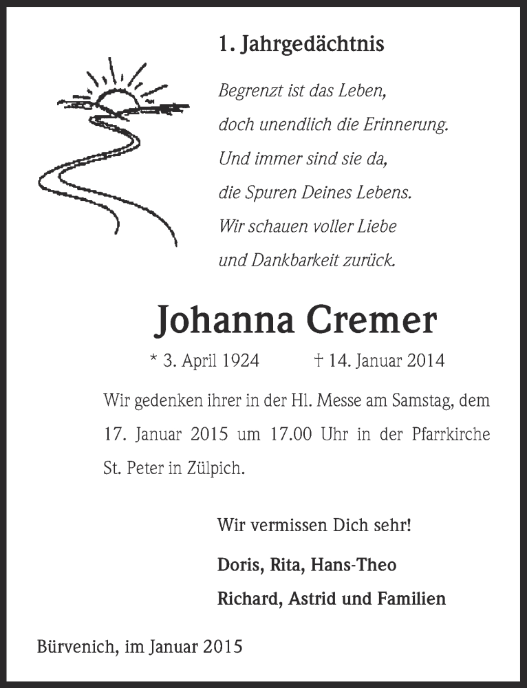  Traueranzeige für Johanna Cremer vom 11.01.2015 aus  Blickpunkt Euskirchen 
