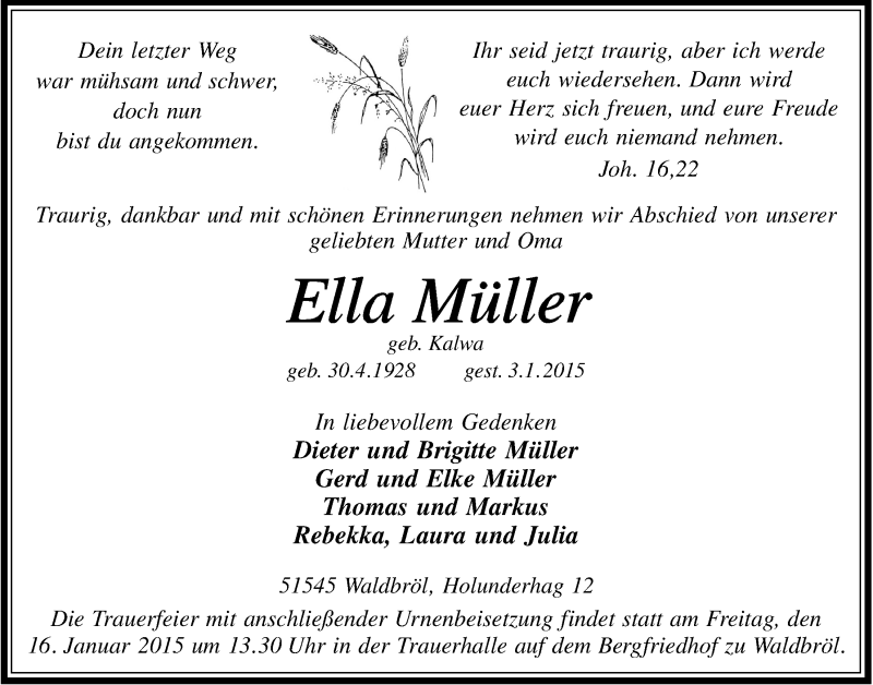  Traueranzeige für Ella Müller vom 14.01.2015 aus  Lokalanzeiger 