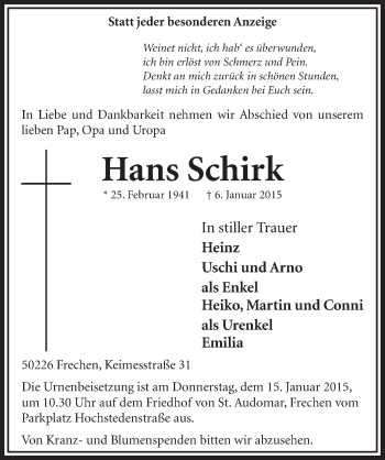 Anzeige von Hans Schirk von  Sonntags-Post 