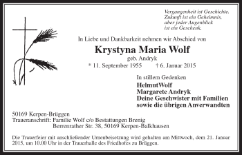 Anzeige von Krystyna Maria Wolf von  Schlossbote/Werbekurier  Werbepost 