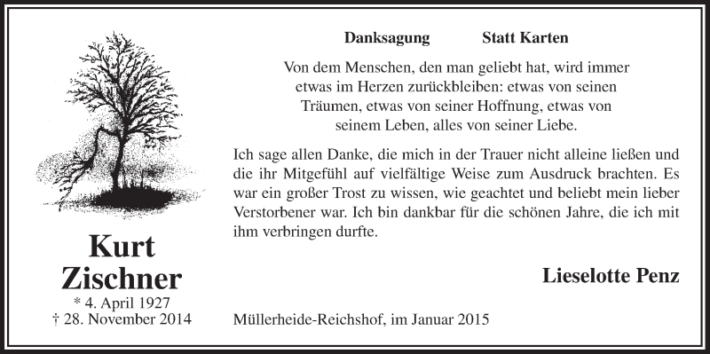  Traueranzeige für Kurt Zischner vom 14.01.2015 aus  Anzeigen Echo 