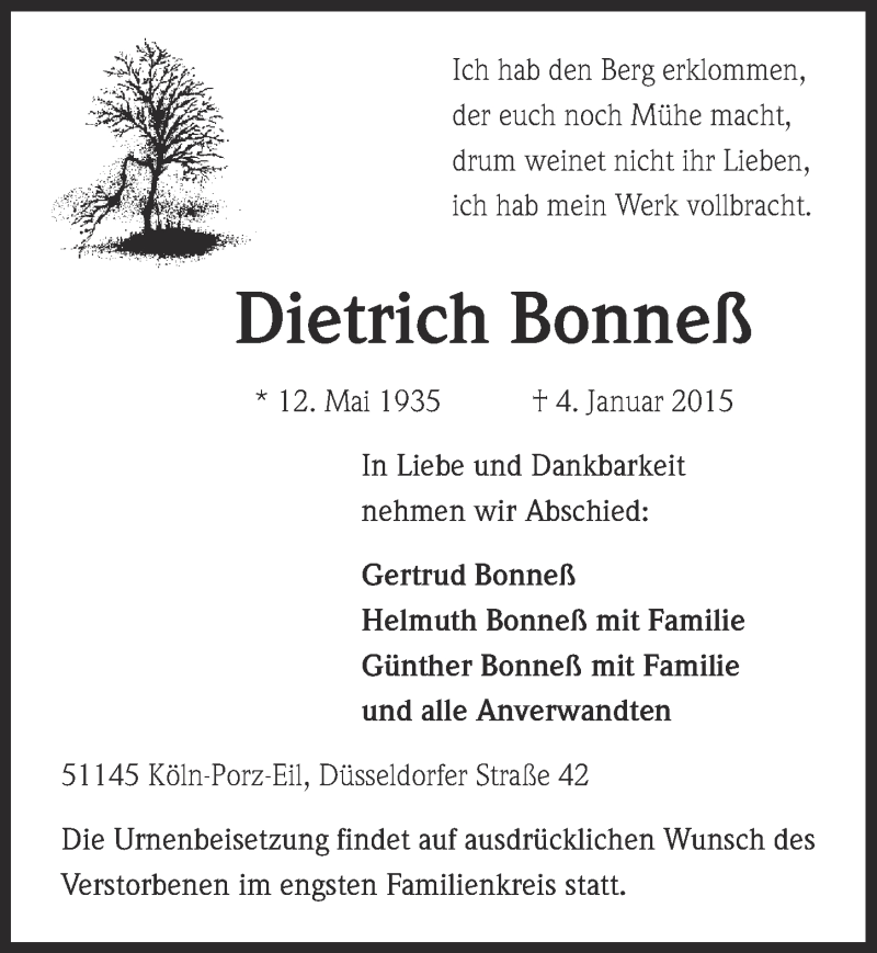  Traueranzeige für Dietrich Bonneß vom 14.01.2015 aus  Kölner Wochenspiegel 