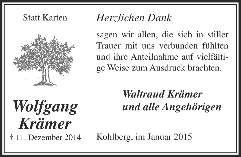  Traueranzeige für Wolfgang Krämer vom 14.01.2015 aus  Lokalanzeiger 