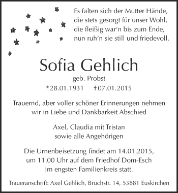 Anzeige von Sofia Gehlich von  Blickpunkt Euskirchen 