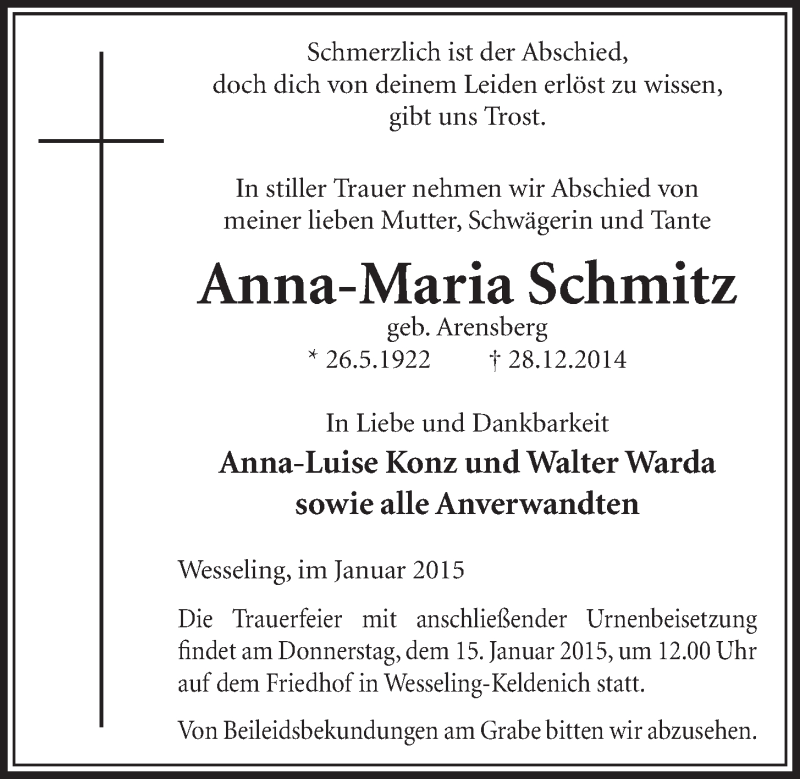  Traueranzeige für Anna-Maria Schmitz vom 14.01.2015 aus  Schlossbote/Werbekurier 