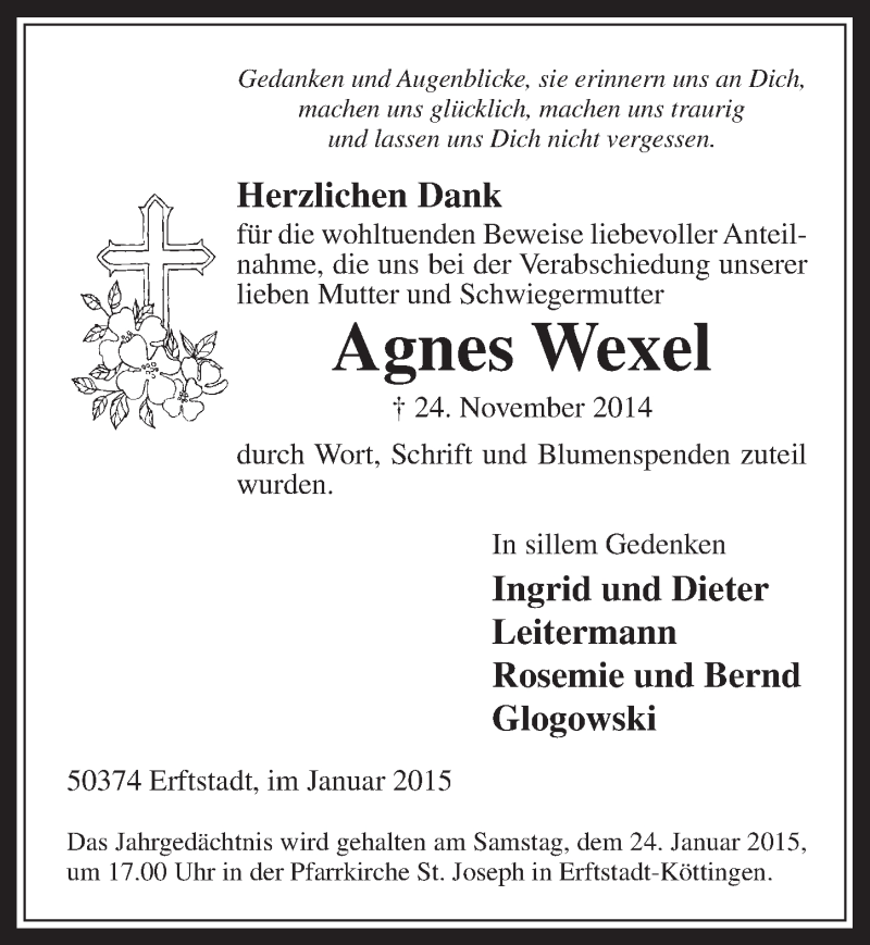  Traueranzeige für Agnes Wexel vom 14.01.2015 aus  Werbepost 