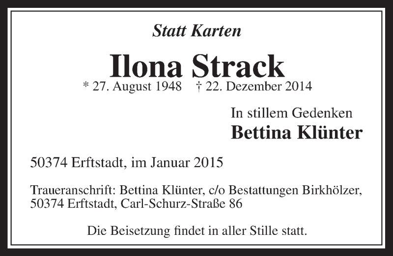  Traueranzeige für Ilona Strack vom 14.01.2015 aus  Werbepost 