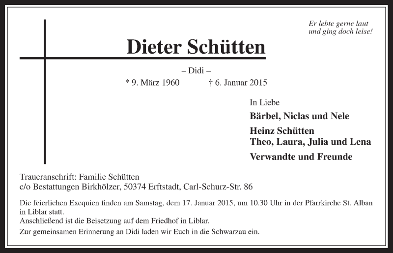  Traueranzeige für Dieter Schütten vom 14.01.2015 aus  Werbepost 