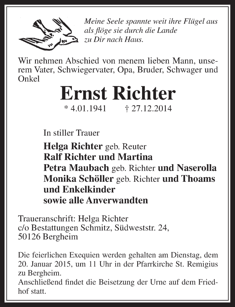  Traueranzeige für Ernst Richter vom 14.01.2015 aus  Werbepost 