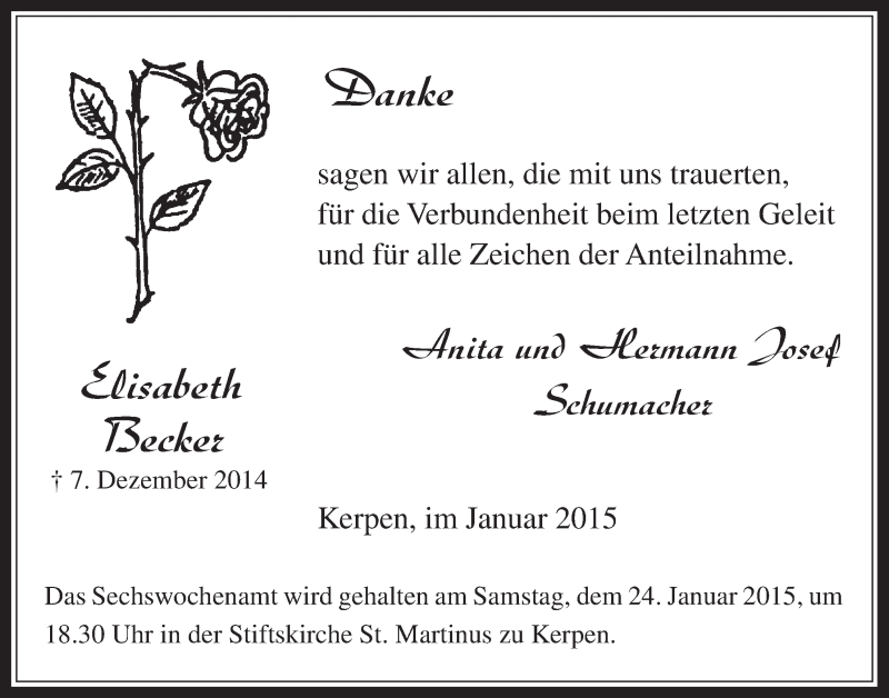  Traueranzeige für Elisabeth Becker vom 14.01.2015 aus  Werbepost 