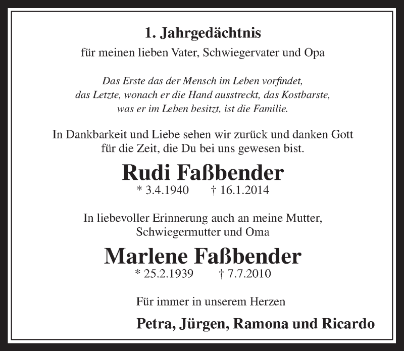  Traueranzeige für Rudi und Marlene Faßbender vom 14.01.2015 aus  Werbepost 