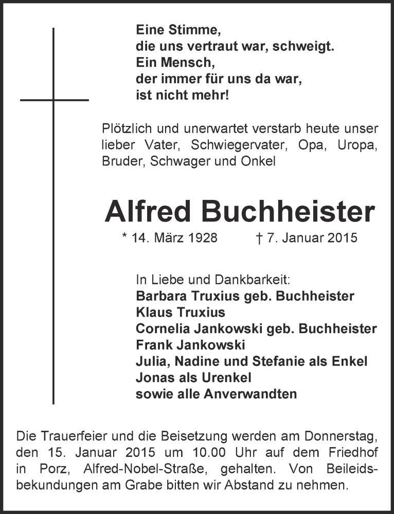  Traueranzeige für Alfred Buchheister vom 14.01.2015 aus  Kölner Wochenspiegel 