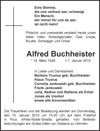 Anzeige von Alfred Buchheister von  Kölner Wochenspiegel 