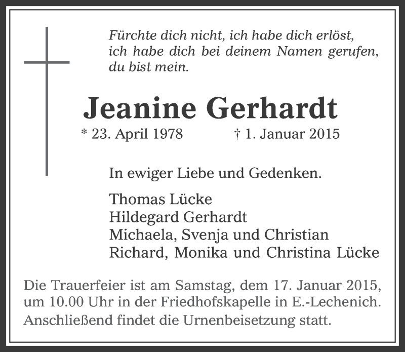  Traueranzeige für Jeanine Gerhardt vom 14.01.2015 aus  Werbepost 