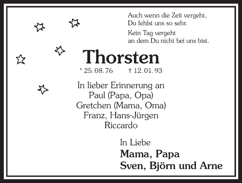  Traueranzeige für Thorsten  vom 14.01.2015 aus  Schlossbote/Werbekurier 