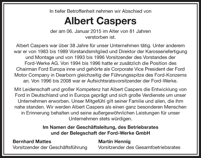  Traueranzeige für Albert Caspers vom 10.01.2015 aus  Sonntags-Post 