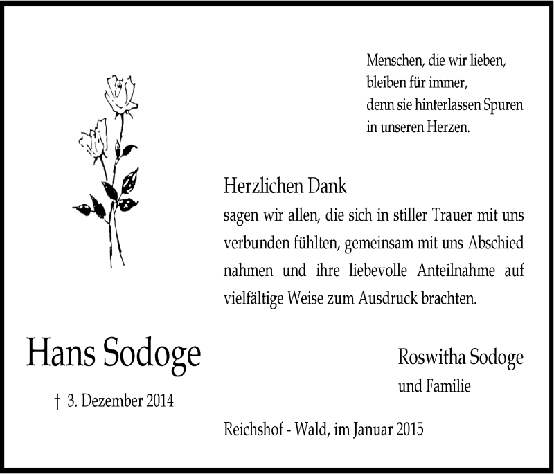  Traueranzeige für Hans Sodoge vom 14.01.2015 aus  Anzeigen Echo 