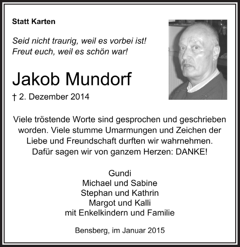  Traueranzeige für Jakob Mundorf vom 14.01.2015 aus  Bergisches Handelsblatt 